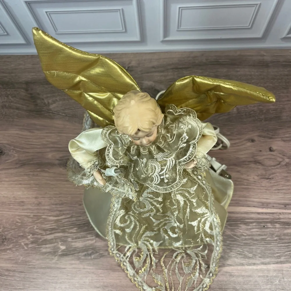 Vintage Animated Angel Tree Topper Christmas 11in Gold Cream Moving Wings Lit - Picture 8 of 13